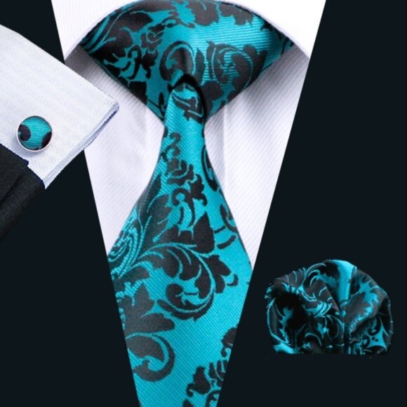 NEW Turquoise Blue Black Damask 100% Woven Silk Tie Cufflink Hanky Set - Picture 2 of 2